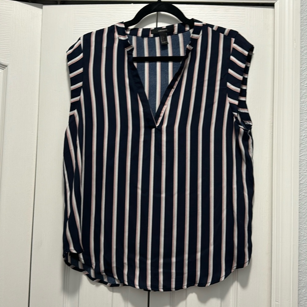 Navy w Pink & White Stripes Work Blouse